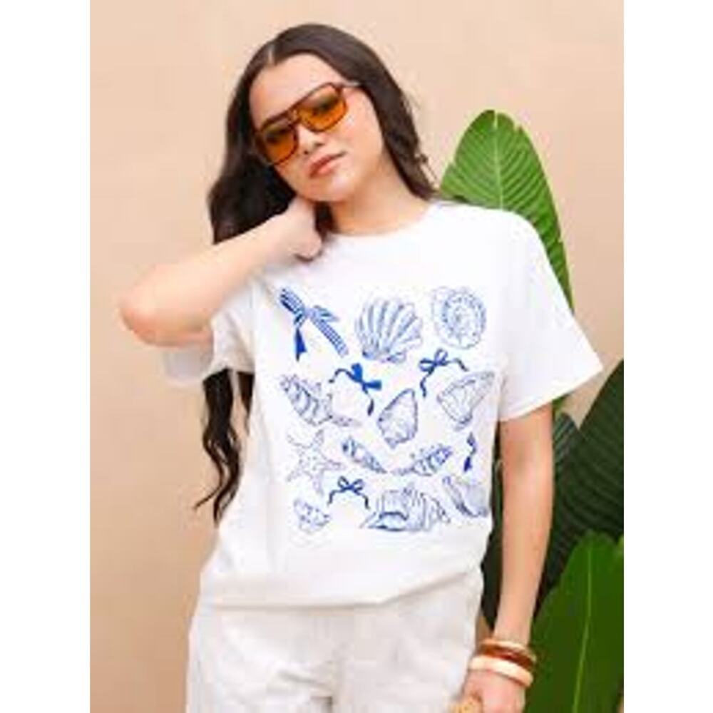 Gildan Seashell Graphic T-Shirt White Blue Coastal Print Size Large